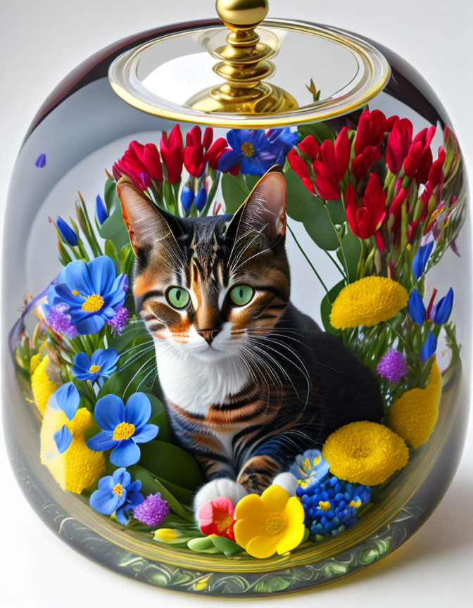 Tabby Cat in Glass Vase Surrounded by Red Tulips and Blue Irises