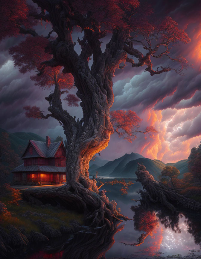 Serene landscape with ancient tree, cottage, lake, and dramatic sky