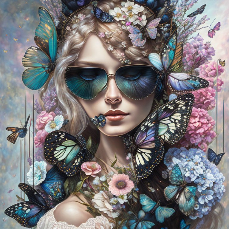 Woman with Butterfly & Floral Headdress Surrounded by Butterflies & Flowers