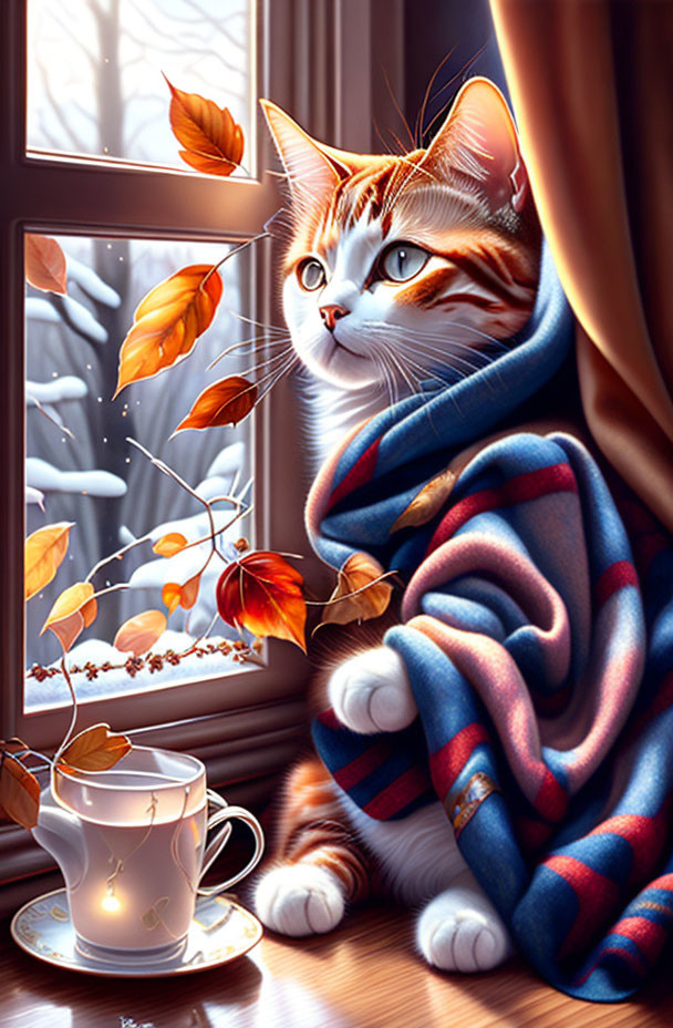 Orange and White Cat in Blue Striped Blanket by Window with Snowy Scene and Falling Leaves