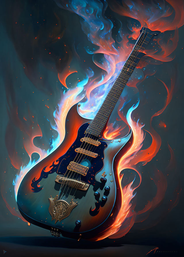 Vibrant Orange and Blue Flames Surrounding Electric Guitar