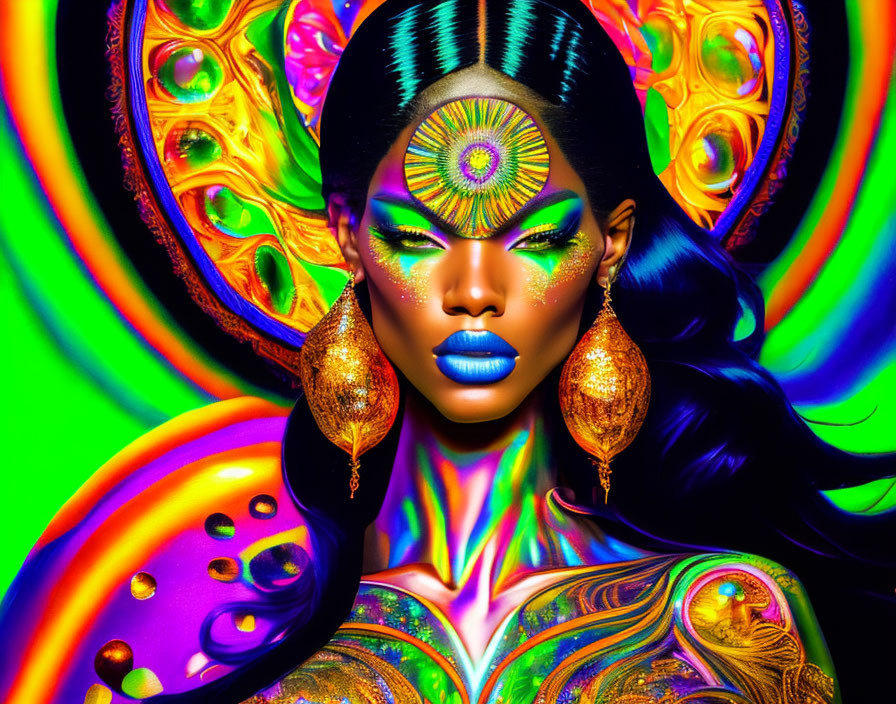 Vibrant makeup and psychedelic patterns in colorful image