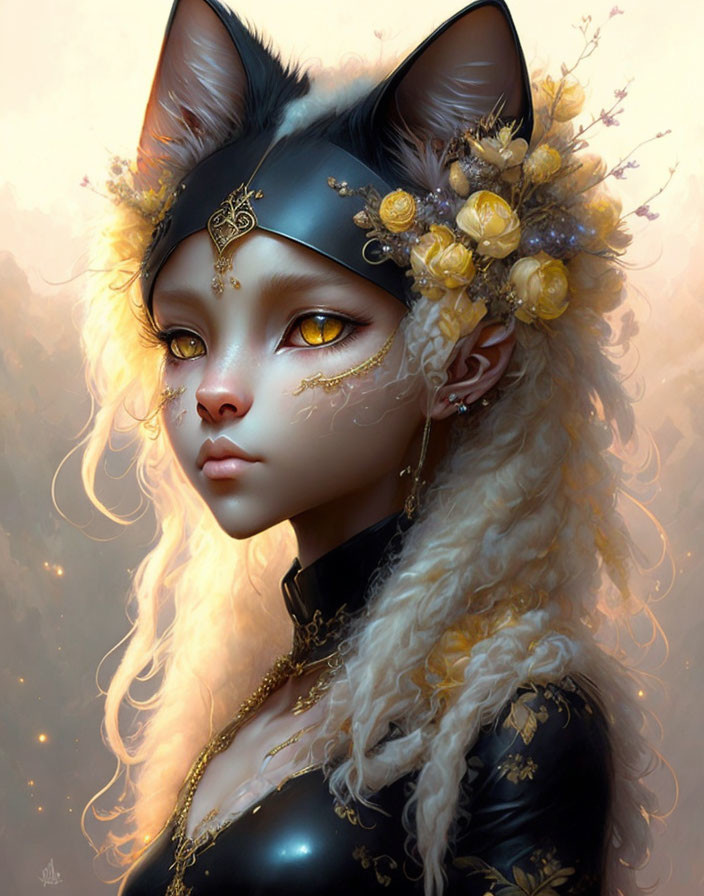 Female figure with cat-like features in black headpiece with gold and yellow flowers.