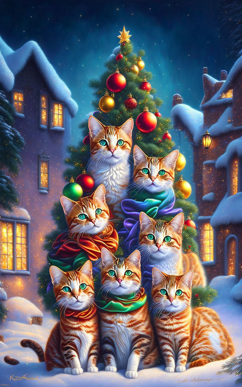 Colorful Scarf-Wearing Cats Pyramid by Christmas Tree