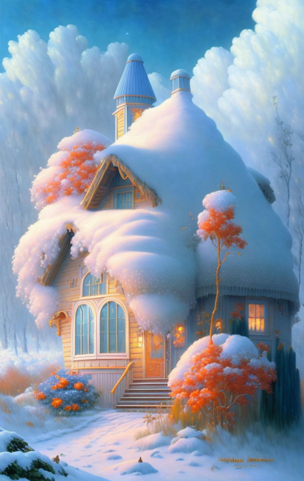 Snow-covered cottage with warm light and snow-covered trees under blue sky