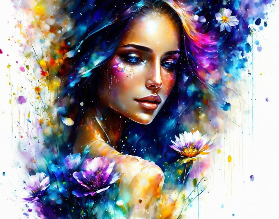 Colorful Abstract Floral Portrait of Woman with Paint Splashes