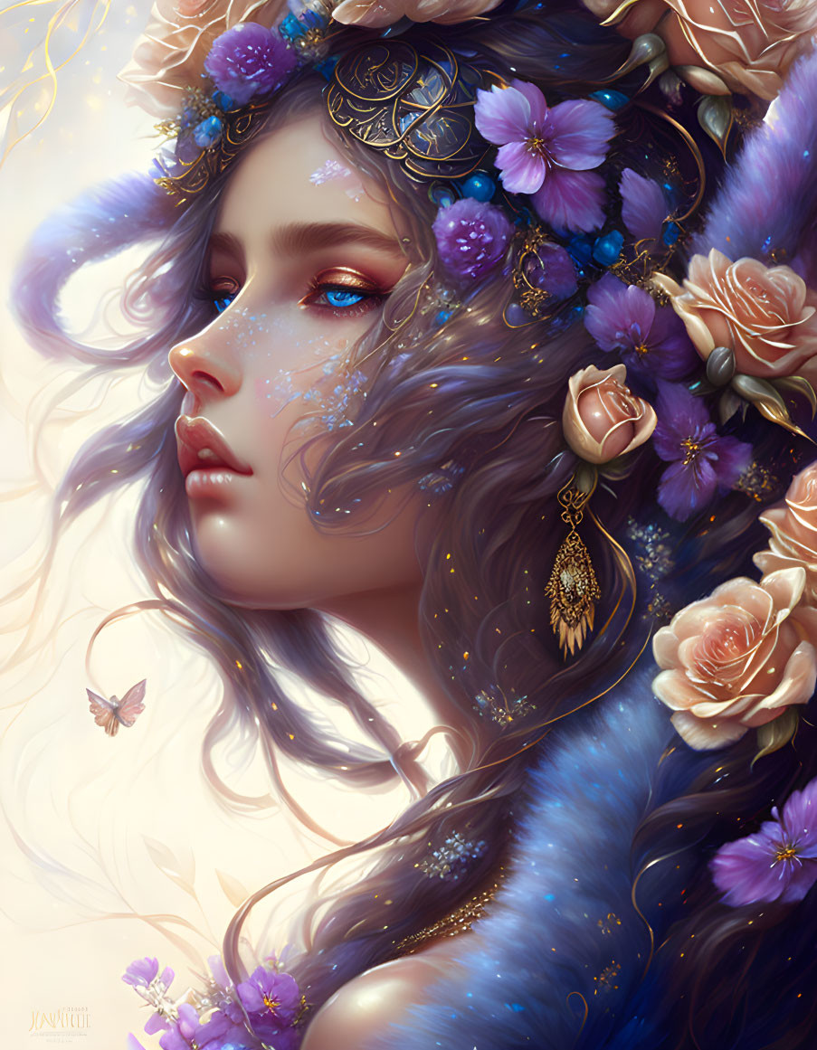 Illustration: Woman with long wavy hair, crown, flowers, and butterfly