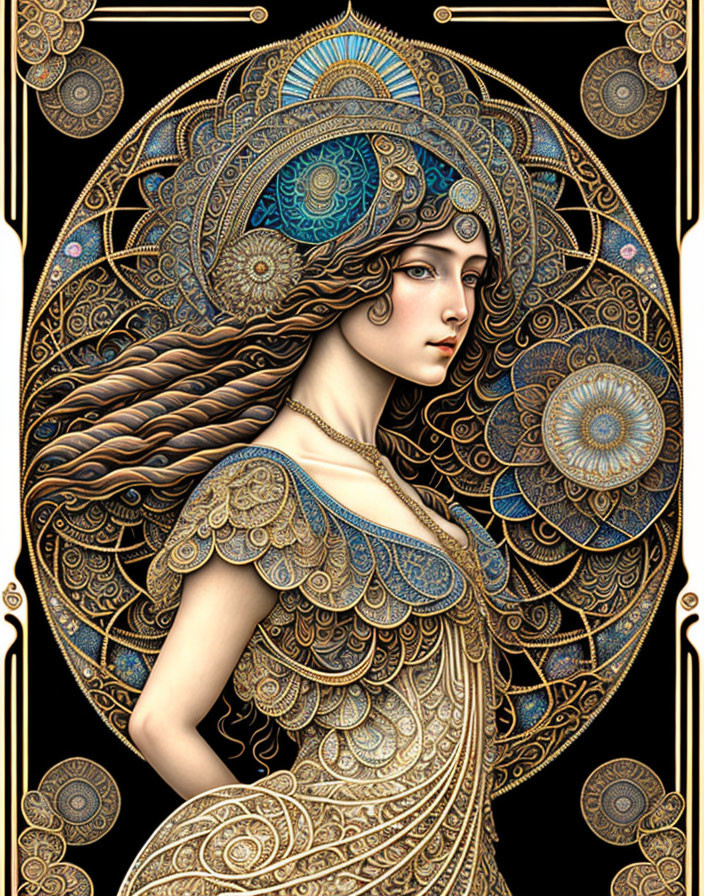 Detailed Art Nouveau-inspired woman illustration with intricate patterns and flowing hair