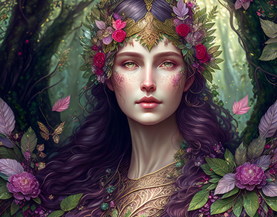 Mystical woman with long wavy hair and floral crown in lush forest