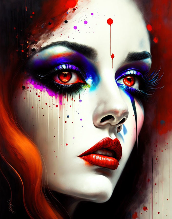 Vibrant makeup woman with purple eyeshadow and red lips in paint splattered setting