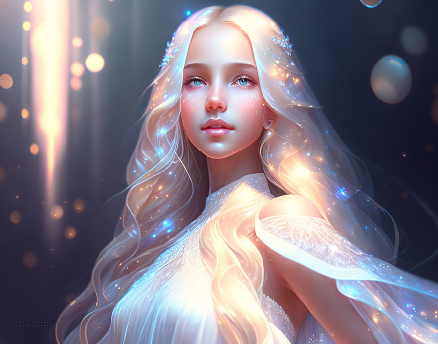 Ethereal digital artwork: Young woman with white hair, tattoos, and sparkling lights