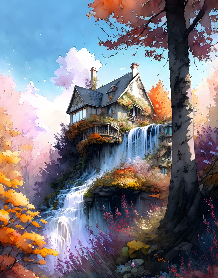 Illustration: Multi-story house on waterfall with autumn trees under blue sky