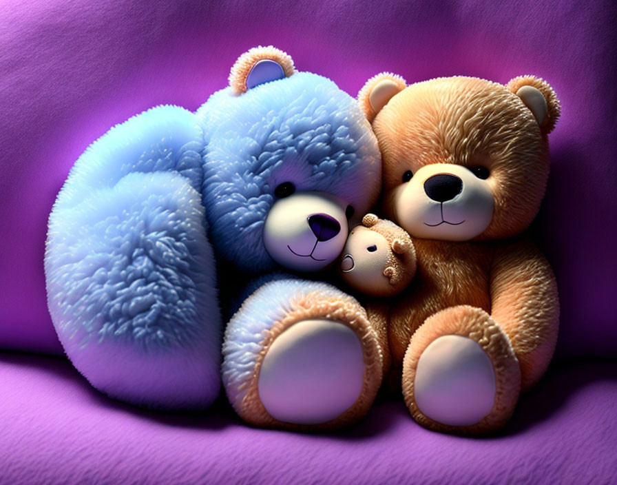 Blue and Brown Plush Teddy Bears on Purple Cushioned Background