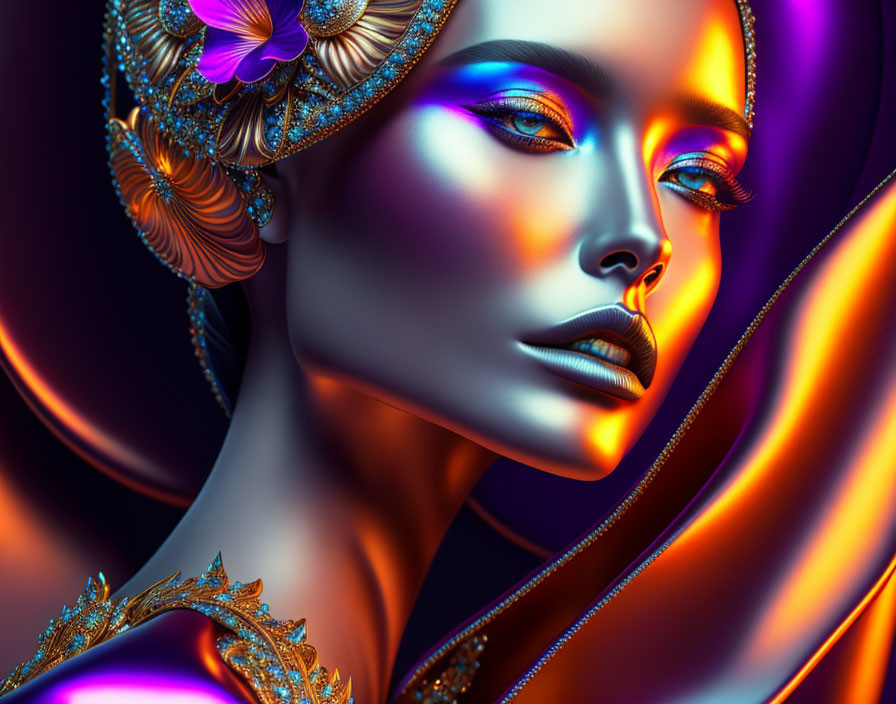 Vibrant blue skin female portrait with gold headpiece and dramatic makeup