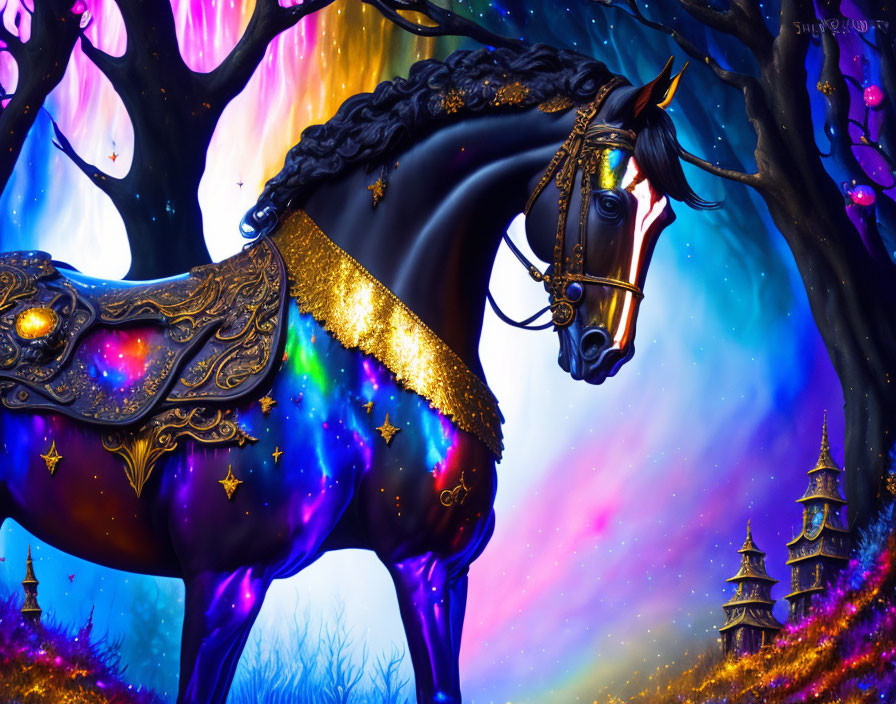 Black horse with cosmic pattern in enchanted forest and pagoda silhouette under vibrant sky