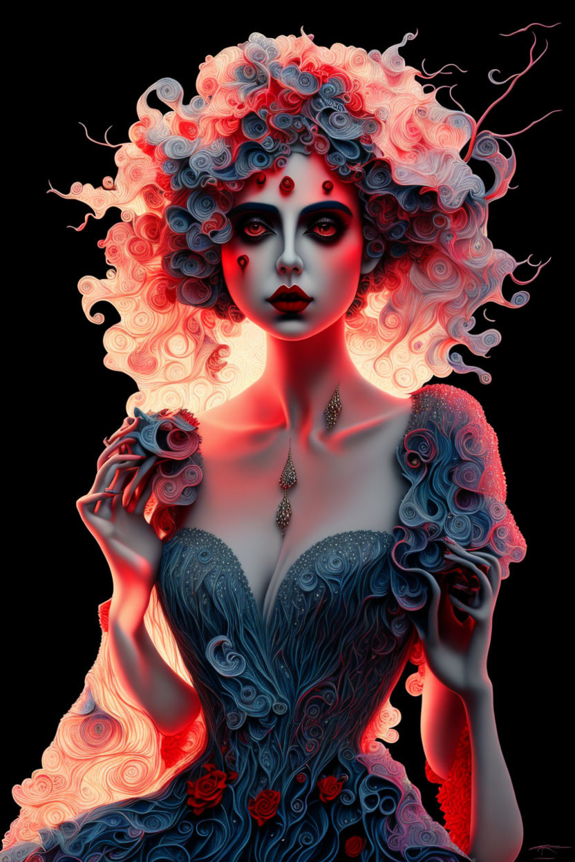 Digital portrait: Pale-skinned woman with red eyes and rose-like red & blue curls on dark background