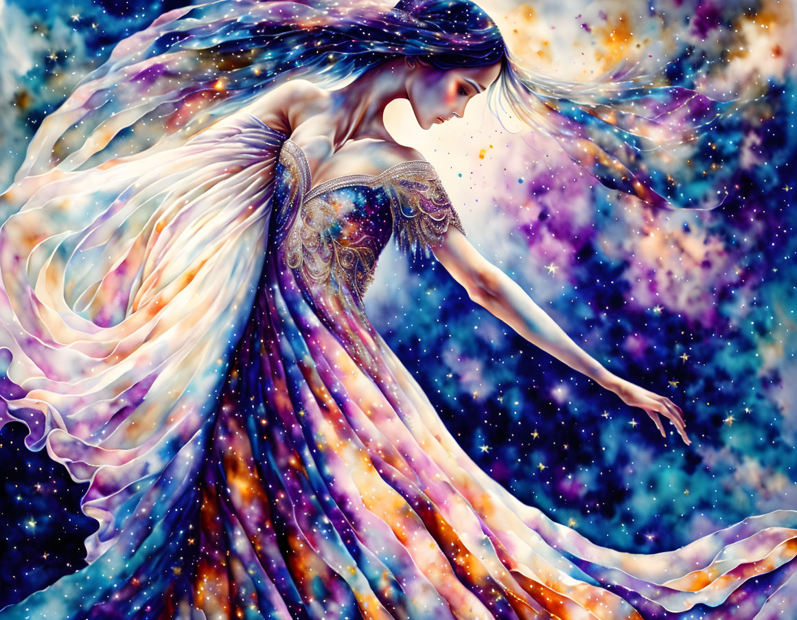 Illustration of woman with flowing hair in vibrant gown against cosmos background