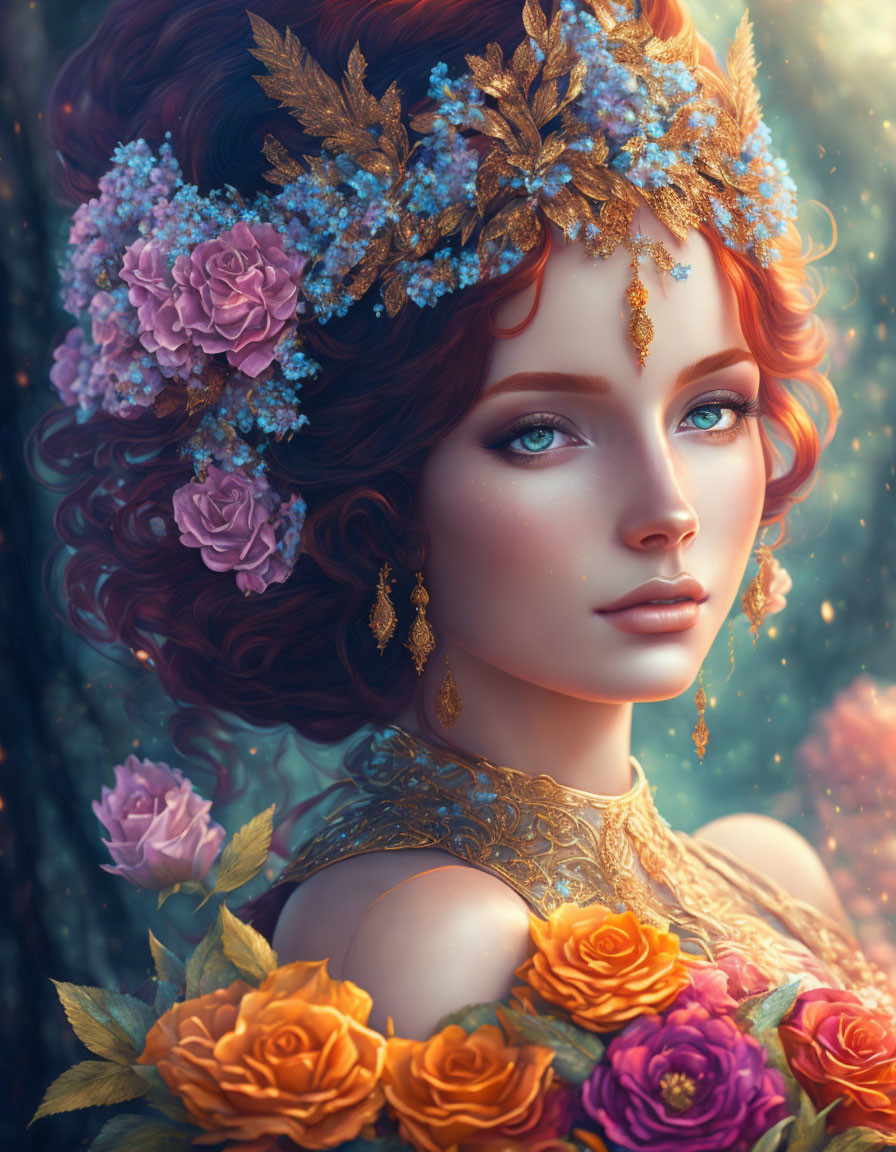 Red-haired woman in golden floral crown with jeweled accessories among vibrant flowers