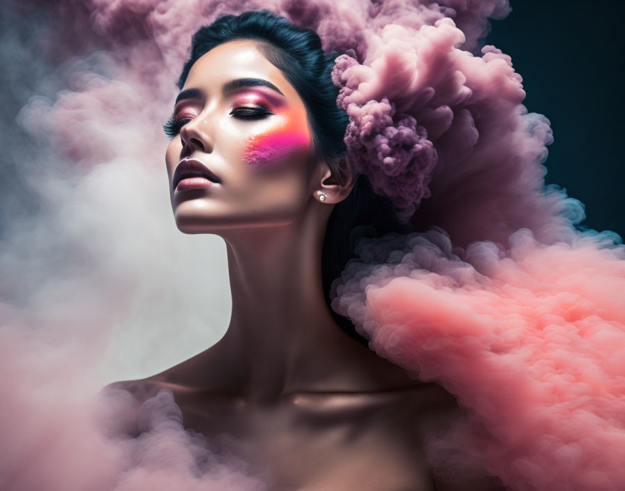 Vibrant pink makeup woman in billowing pink and purple smoke