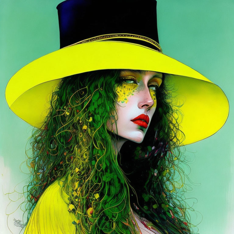 Illustration of woman with green curly hair, yellow brim hat, black top, red lips,