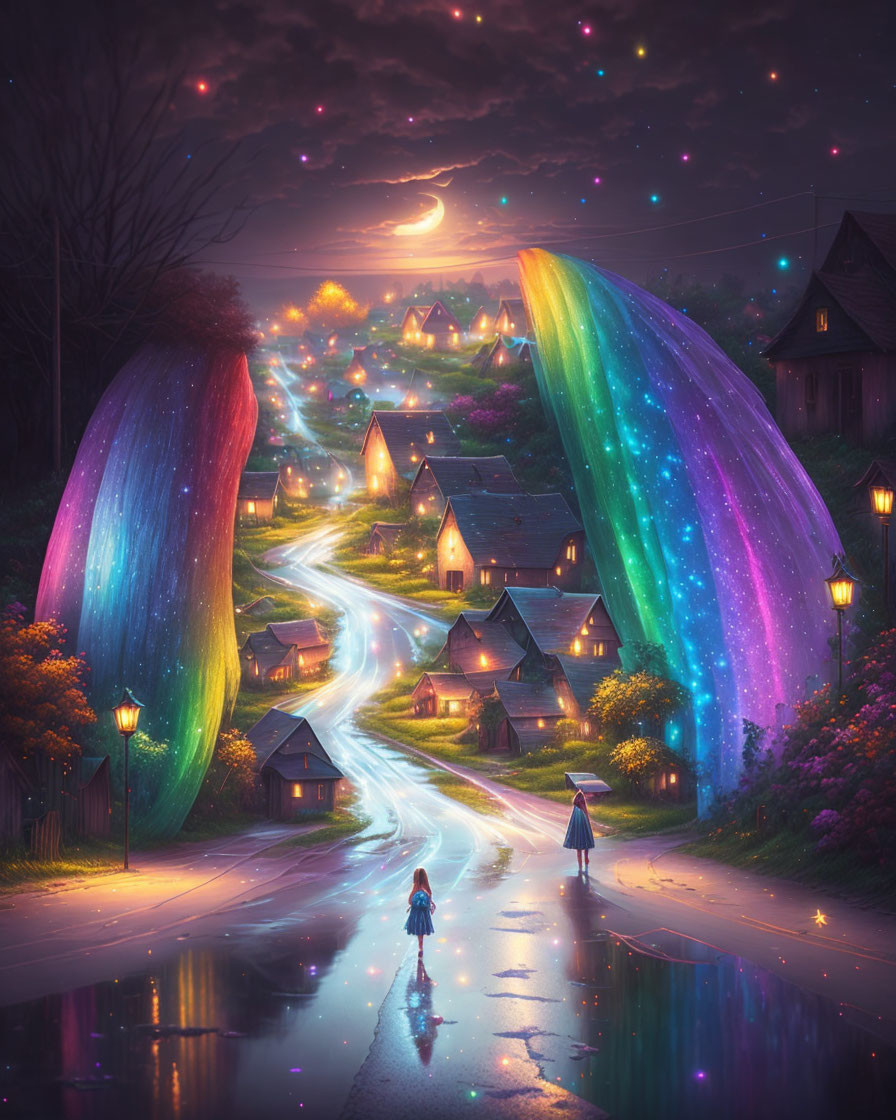 Vibrant rainbow trees over glowing village path with figures