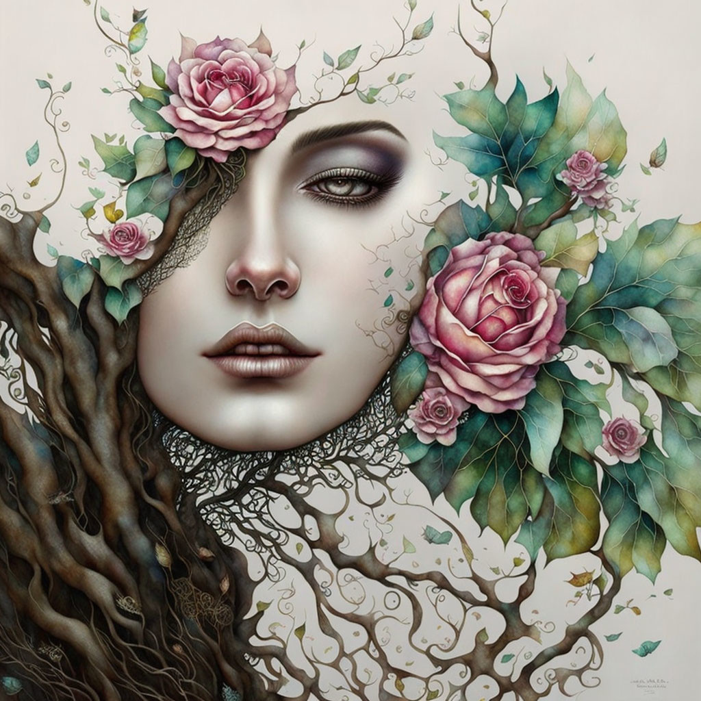 Woman blending with nature: hair, branches, leaves, roses harmoniously merge