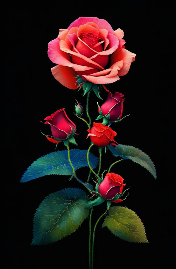 Gradient-colored rose with yellow to pink to red petals, red buds, and green leaves on black.