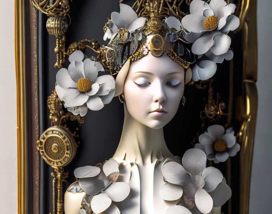 Mannequin head with ornate headdress and vintage mirror showcase.