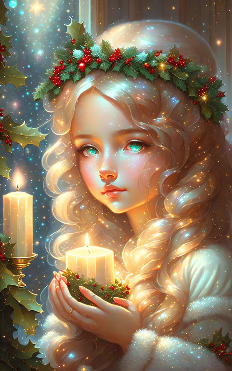 Blonde girl with holly wreath and candle in digital art