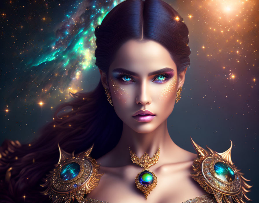 Fantasy portrait: Woman with cosmic makeup, blue eyes, gold jewelry on starry space background