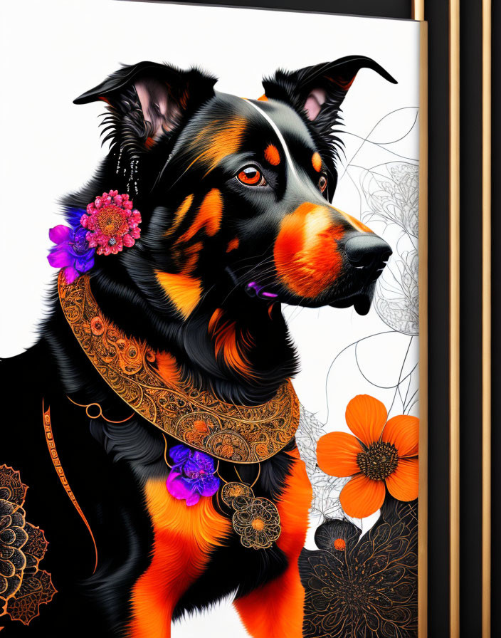 Illustrated black dog with tan and white markings and ornate collar among vibrant flowers on white background.