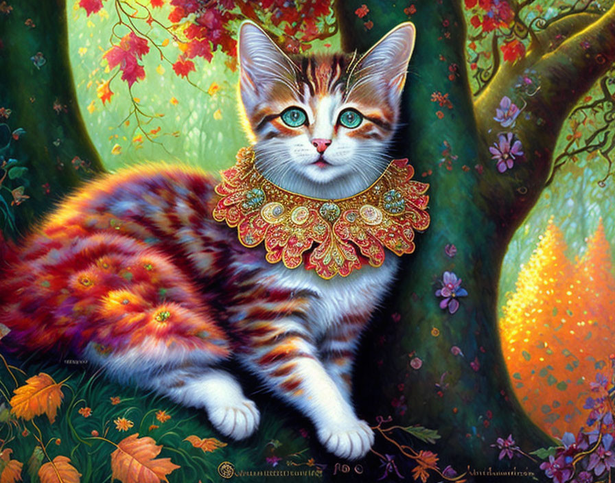 Colorful illustration: Elegant cat with intricate fur patterns in whimsical forest