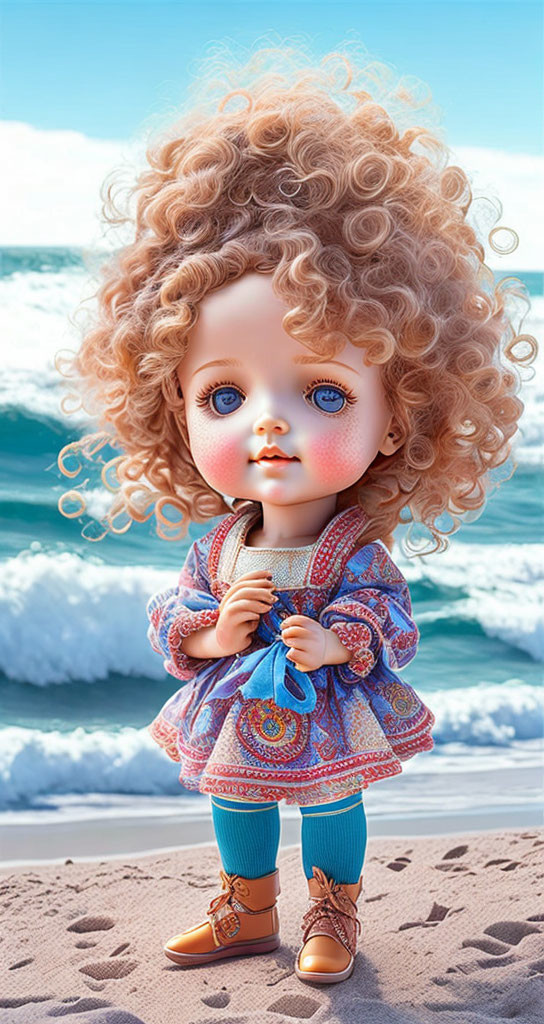 Digital artwork: Doll with curly hair, blue eyes, colorful dress, boots on sandy beach with waves