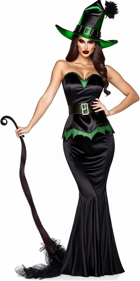 Woman in black and green witch costume with pointy hat and broomstick