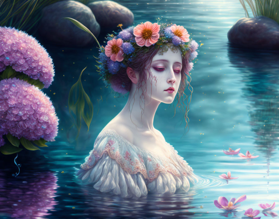 Woman with floral crown in water surrounded by pink flowers and hydrangeas.