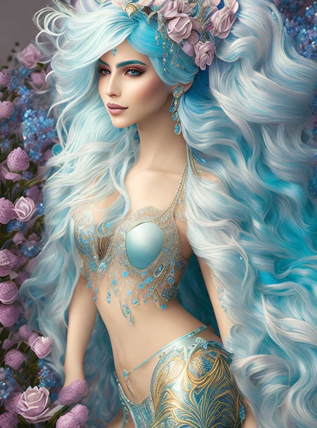 Fantastical female figure with blue hair and floral headpiece.