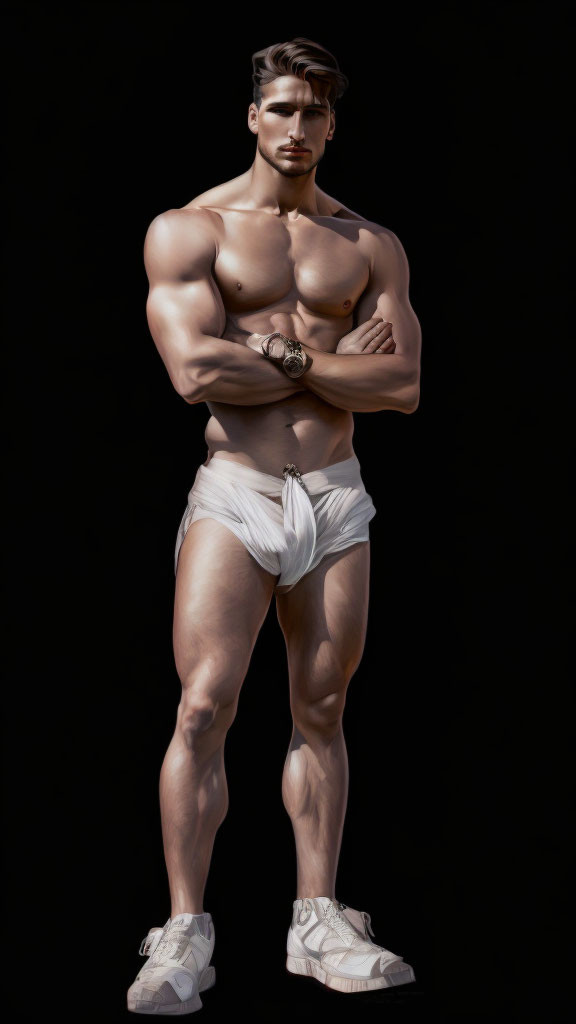 Muscular person in white loincloth and sneakers on black background