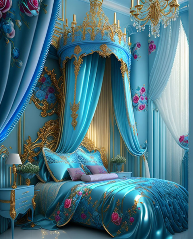 Luxurious Blue and Gold Bedroom with Canopy Bed