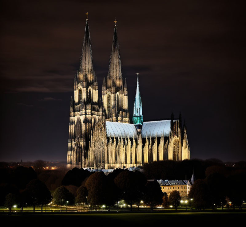 Gothic Cathedral with Twin Spires in Night Sky Landscape