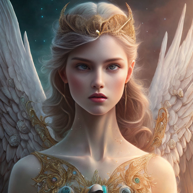 Fantasy digital artwork: Angelic figure with white wings and golden armor