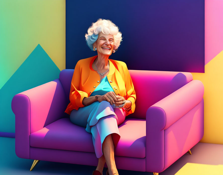 Elderly woman in orange jacket and turquoise skirt laughing on purple sofa