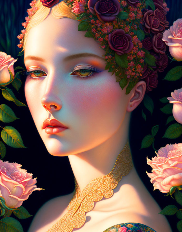 Illustrated portrait of a person with floral crown and golden tattoos