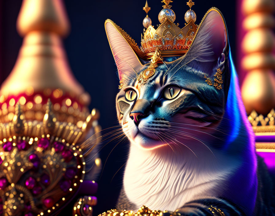 Regal cat wearing crown and jewels beside gilded scepter on purple backdrop