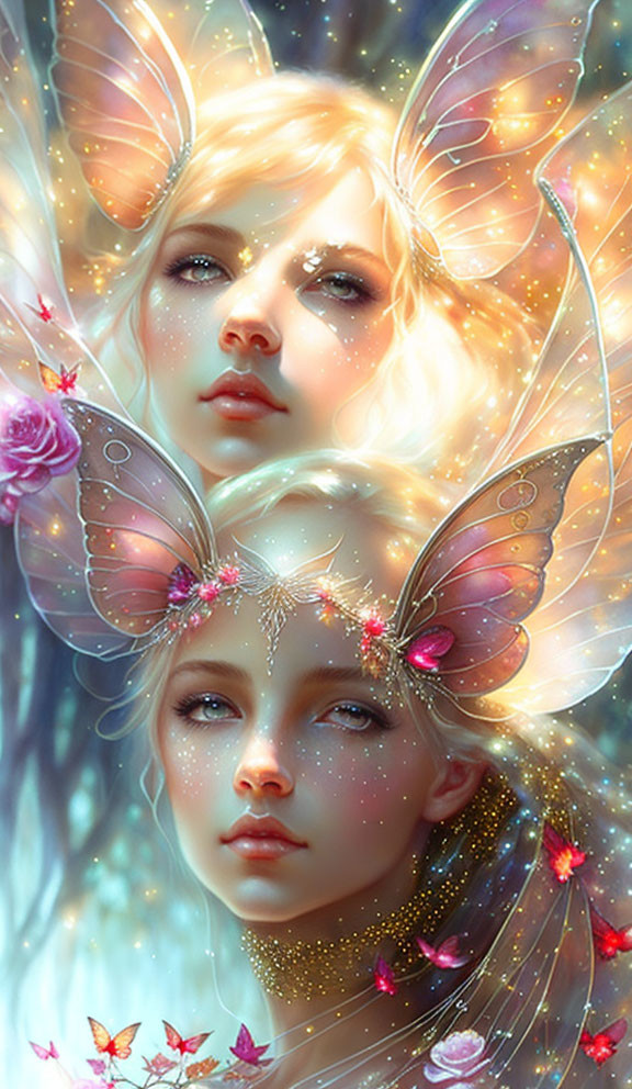 Ethereal female figures with butterfly wing ears in magical setting