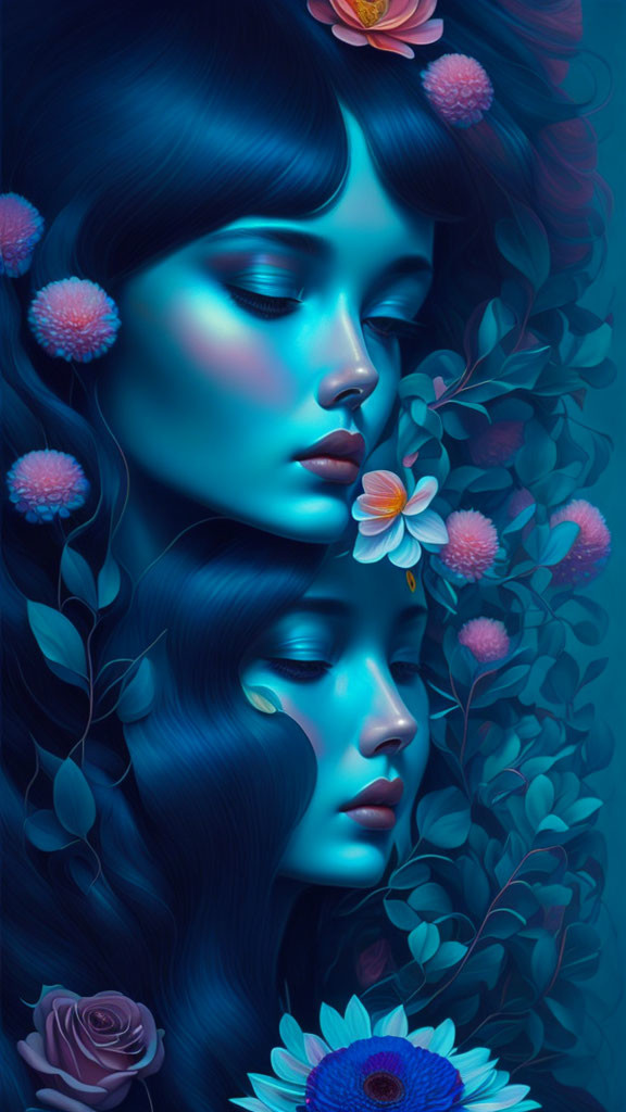 Ethereal female figures with blue hair and vibrant flowers in serene setting