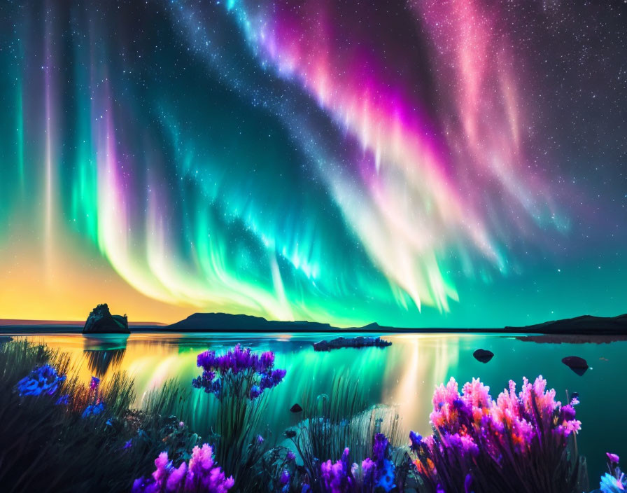 Colorful Aurora Borealis Over Mountain Lake with Purple Flowers