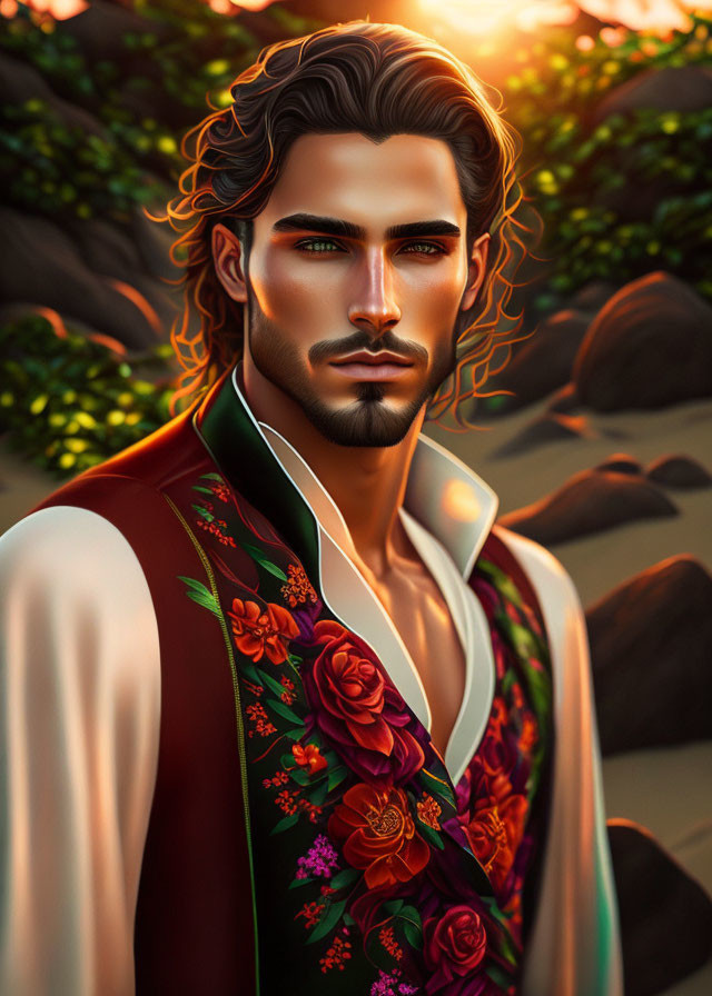 Stylized portrait of man with wavy hair and beard in floral robe at sunset-lit foliage