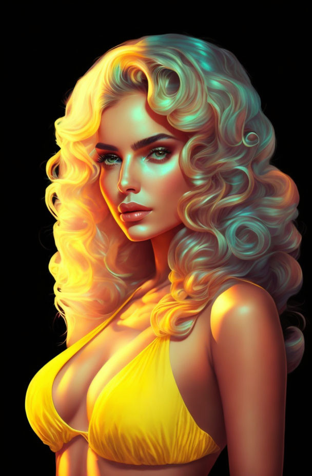 Blonde woman with blue eyes in yellow top on dark background