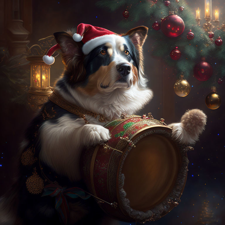 Festive dog with Santa hat and drum in Christmas scene