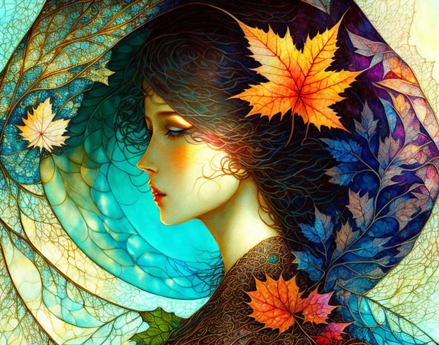 Vibrant illustration of woman with autumn leaves in hair